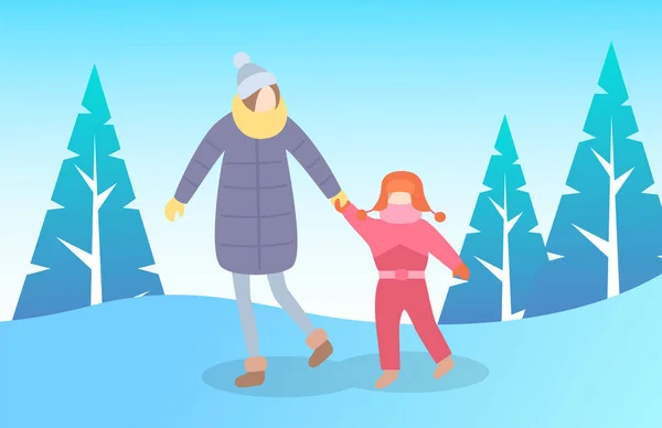 Madre e hijo caminando en invierno, paisaje del parque — Vector de stock