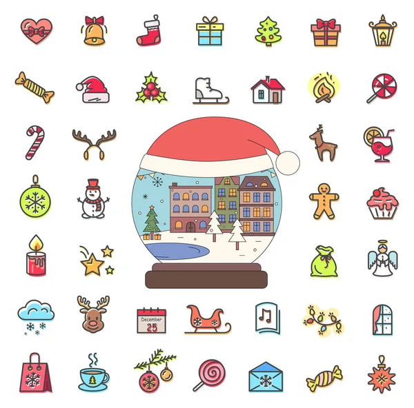 Bola de nieve de Winter City y conjunto de iconos de Navidad Esquema — Vector de stock