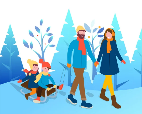 Couple With Kids Walk Through Winter Park Together — Stockvector