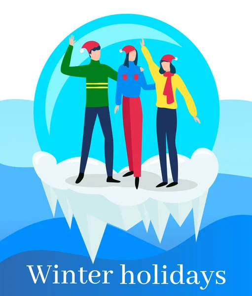 Vacanțe de iarnă Oameni în Snowball Friends Waving — Vector de stoc