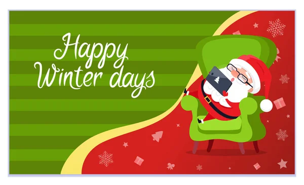 Felices Días de Invierno Santa Claus Durmiendo con Gadget — Vector de stock