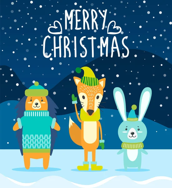 Buon Natale cartolina, simpatici animali in vestiti — Vettoriale Stock