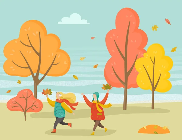Niños jugando en el parque en otoño, árbol del bosque — Vector de stock