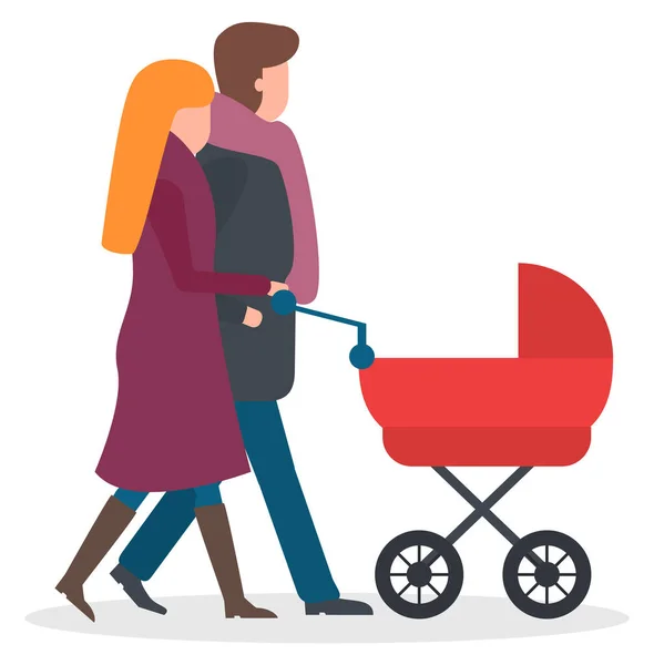 Parents marchant avec un enfant en landau, famille — Image vectorielle