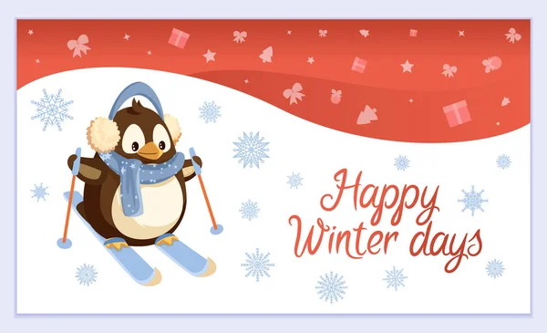 Gelukkige winterdagen, Pinguïn skiën Karakter Vector — Stockvector