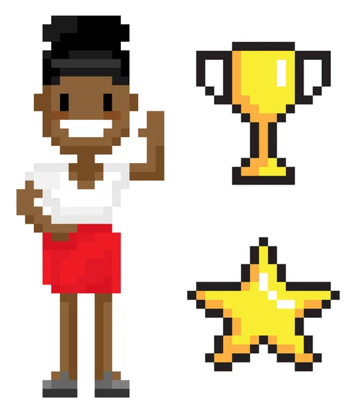 Mujer Superhéroe, Copa y Estrella, Pixel Game Vector — Archivo Imágenes Vectoriales