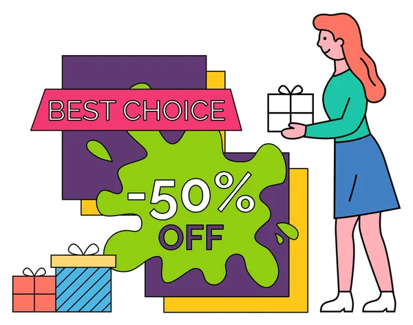 Best Choice 50 Percent Off Offer Woman with Gift — Stock Vector