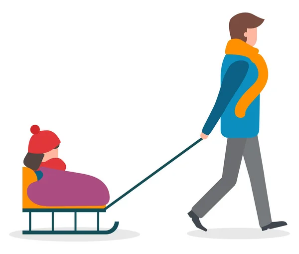 父母和孩子在户外散步，孩子在雪橇上 — 图库矢量图片