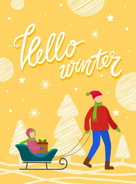 Father Rides Kid on Sled, Hello Winter Postcard - Stok Vektor