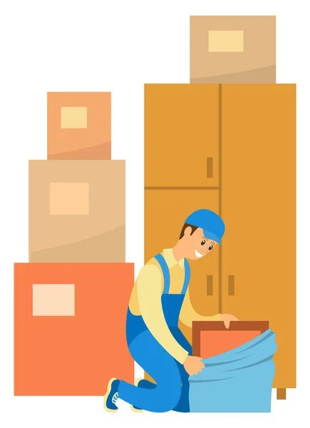 Tienda y Servicio de Muebles, Trabajador con Productos — Vector de stock