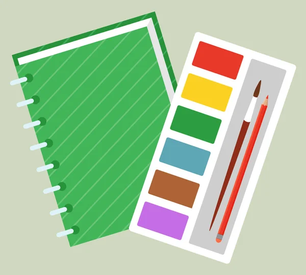 Suministros de papelería escolar, cuaderno y pintura — Vector de stock