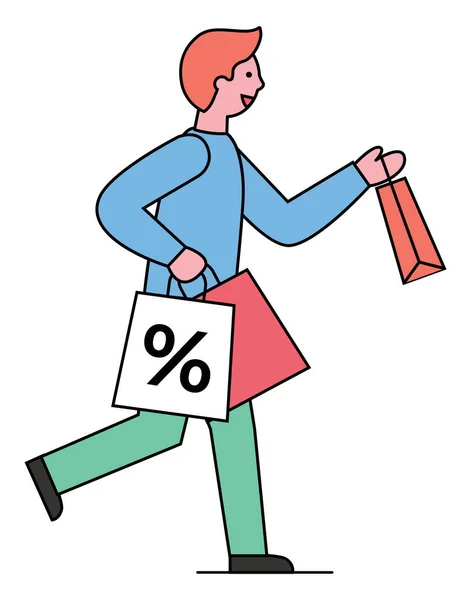 Hombre Compras Carácter Llevando Compras en Bolsas — Vector de stock