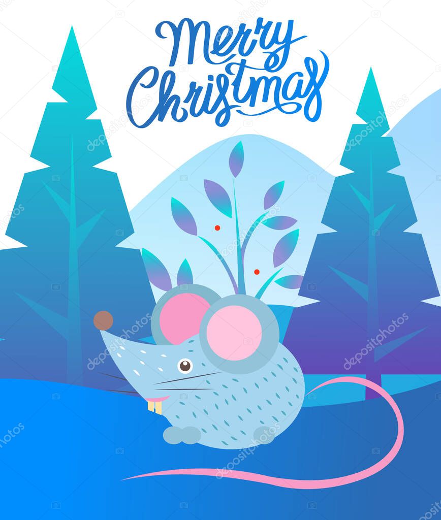 Christmas Card with Mouse and Fir-tree Vector