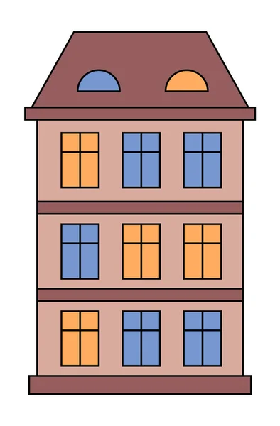 Casa en la noche, Edificio Exterior con Ventanas — Vector de stock