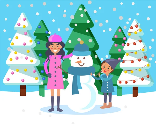 Mother with Kid and Snowman Γλυπτική Χιόνι — Διανυσματικό Αρχείο