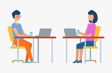 Ofis Vektöründe Bilgisayar Erkeği ve Kadın İşçileri