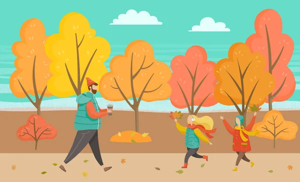 Hombre y niños caminando en el Vector de Autumn Park — Vector de stock