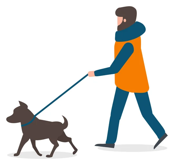 Man Karakter Lopende Hond aan de lijn, Winter Vector — Stockvector