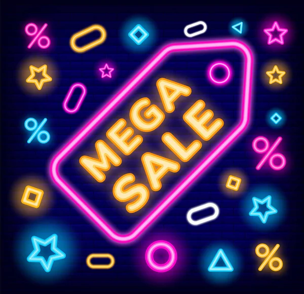 Mega Venda em Lojas, Neon Board com Promoção — Vetor de Stock