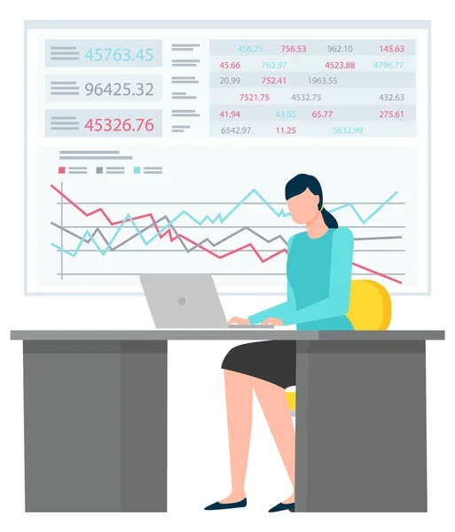 Femme assise avec ordinateur portable, données et tableau d'analyse — Image vectorielle