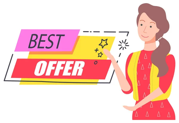 Best Offer Discount Capture, Happy Girl Offering — Stock Vector