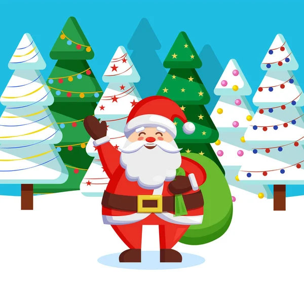 Santa Claus de pie con el saco en el bosque de invierno — Archivo Imágenes Vectoriales