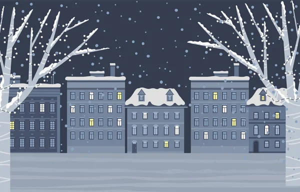 Sněžné město ve večerních hodinách, zimní dovolená Počasí — Stockový vektor