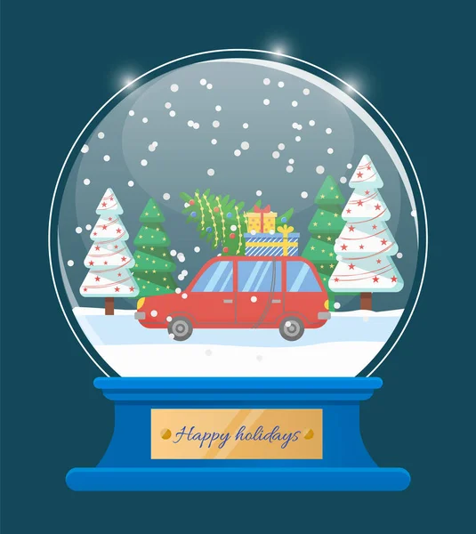 Happy Holidays Snow Globe z samochodu i choinki — Wektor stockowy