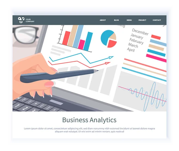 Worker Hand Showing Diagrams in Laptop Vector — Stock vektor