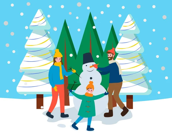 Parents et enfants font bonhomme de neige dans la forêt d'hiver — Image vectorielle