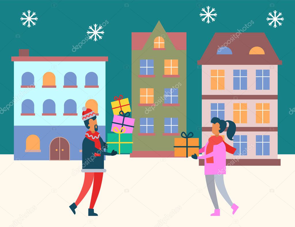 Winter City, People Carrying Presents on Holidays