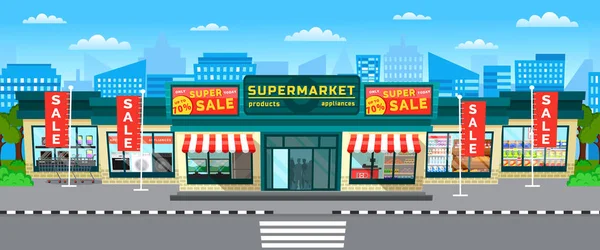 Hypermarket de la venta del supermercado en ciudad con Skyline — Vector de stock