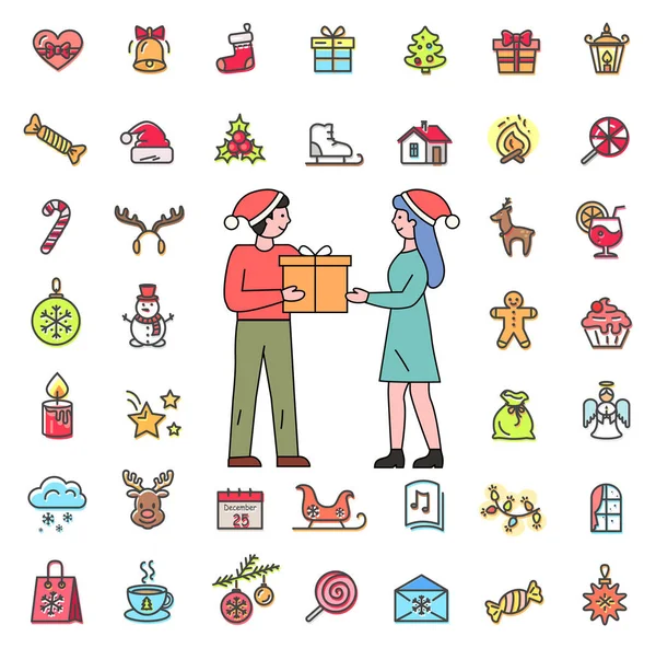 Conjunto de personas intercambiando regalos e iconos navideños — Vector de stock