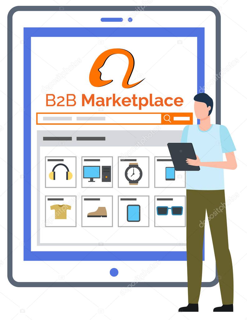 B2B Marketplace Man with Tablet and Website Online