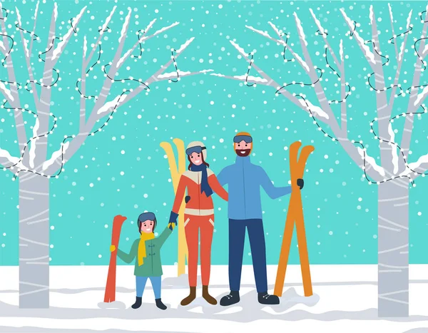 리조트에서 스키를 타는 가족, 사람들의 생활 방식 — 스톡 벡터