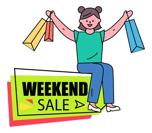 Banner de venda de fim de semana com vetor de mulher de compras — Vetor de Stock