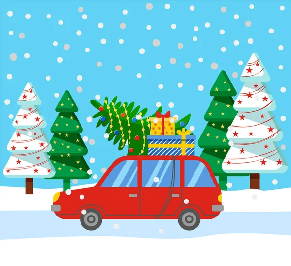 Red Car with Pine Tree and Presents in Box Vector — стоковий вектор