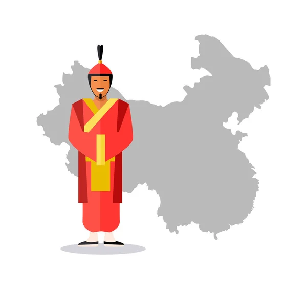 Chine Map and Person Wearing Traditional Clothes — Stock Vector