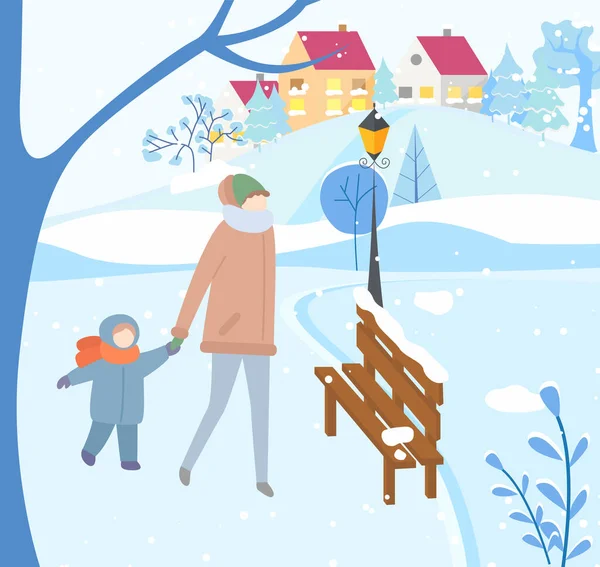 Mother and Kid Walking in City Park in Winter — Stock Vector