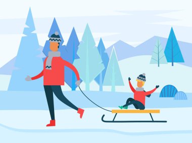 Kış Zamanı Vektöründe Kızakla Aile Vakti