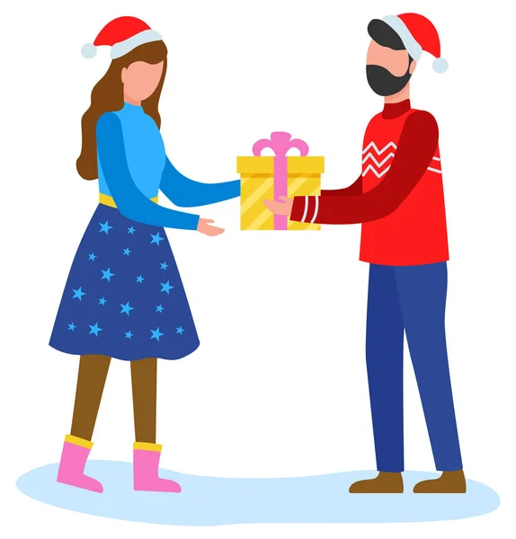 Мужчина приветствует женщину зимой и дарит подарок — стоковый вектор