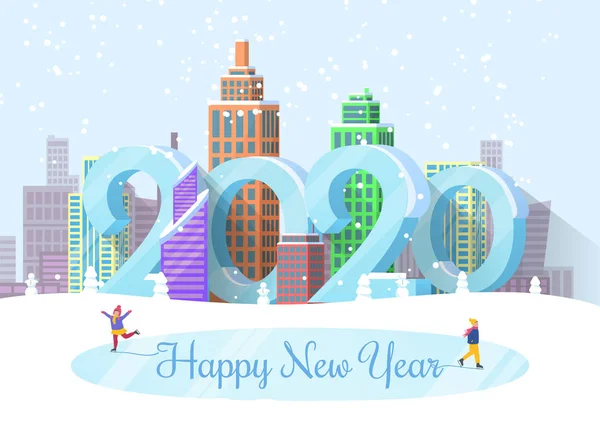 Feliz Año Nuevo 2020 Paisaje urbano y personas en la pista — Vector de stock