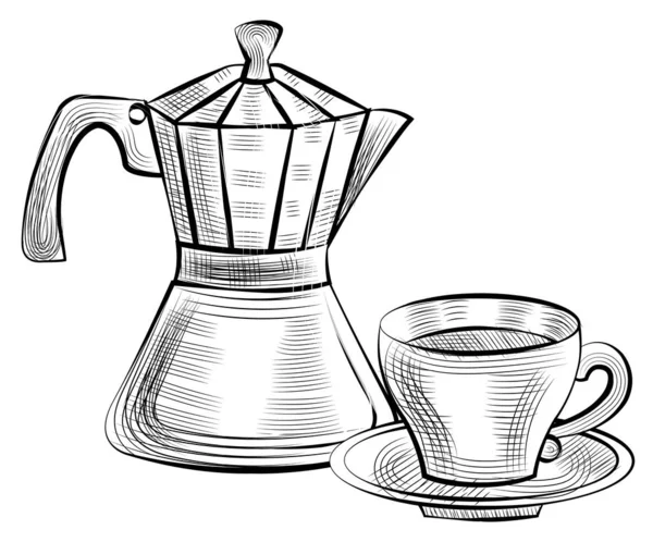 Moka壶，用于酿造浓缩咖啡和杯香咖啡 — 图库矢量图片