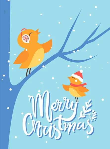 圣诞快乐牛翅雀鸟栖息在树枝上 — 图库矢量图片