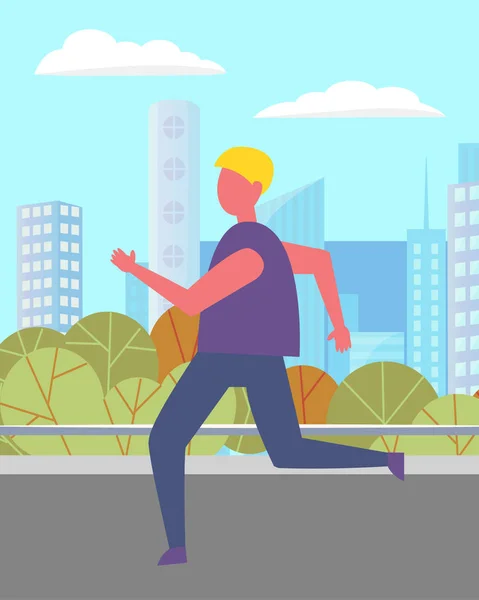 Un homme court sur la route dans un parc urbain, Paysage urbain — Image vectorielle