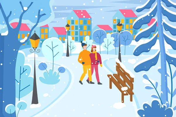 Couple marchant dans le parc d'hiver avec vue sur le paysage urbain — Image vectorielle