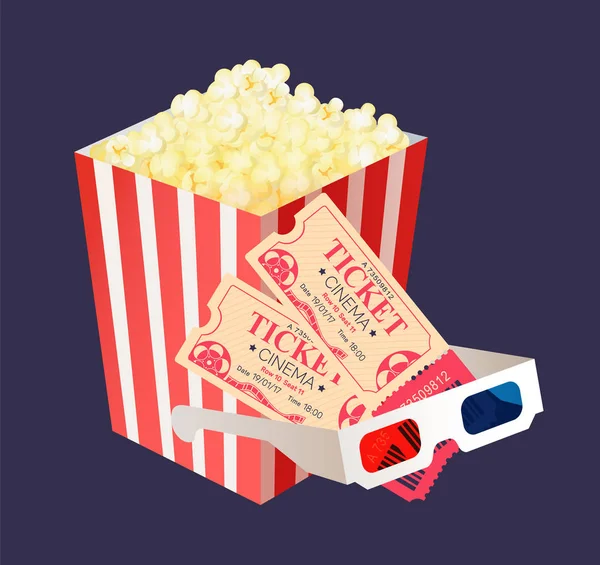 Entradas de cine para dos, vasos de palomitas de maíz — Vector de stock