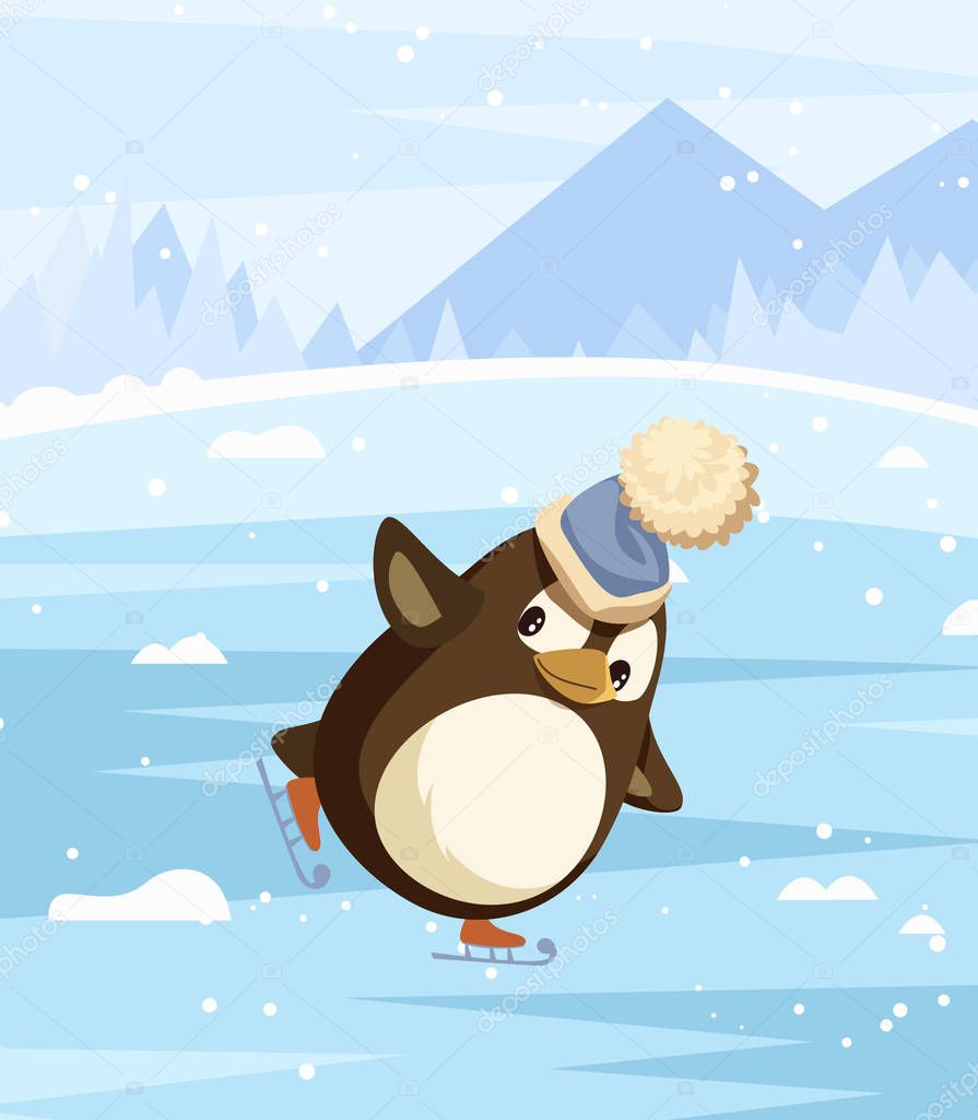 Penguin Figure Skating on Ice Rink in Winter Vector