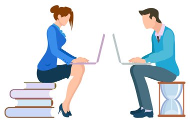 Erkek ve Kadın Bilgisayar Vektörü Resminde Çalışıyor