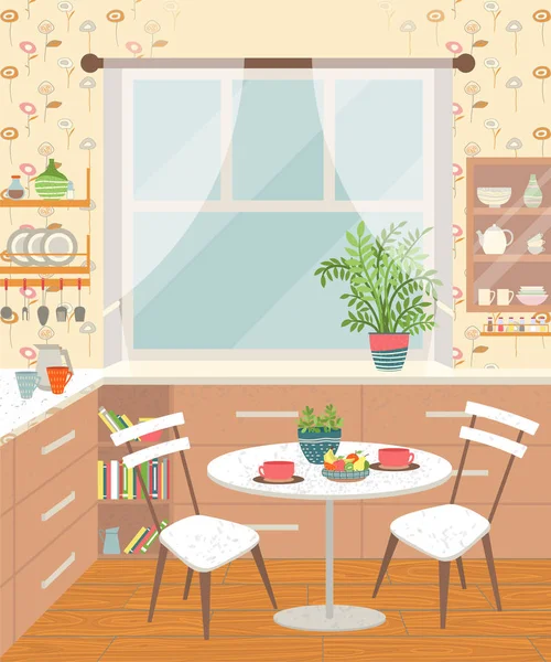 Sala de jantar Cozinha Interior com Mesa e Cadeiras — Vetor de Stock